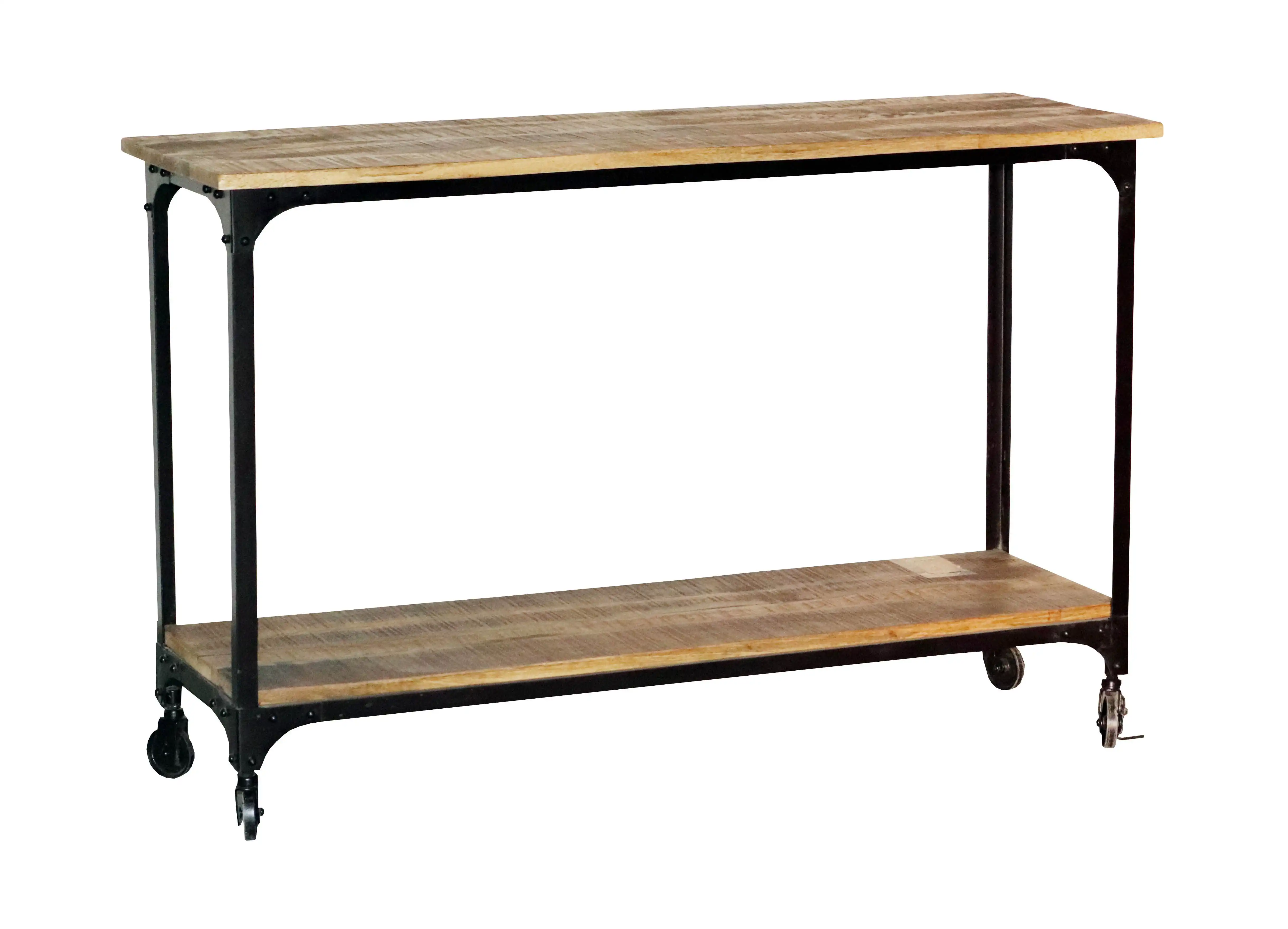 2 Tier Industrial Wooden & Iron Console Table with Wheels - popular handicrafts